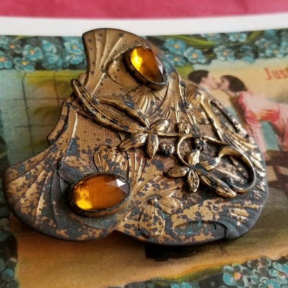 Relisted -Vintage Art Nouveau brooch large yellow gem gold sash pin - Picture 4 of 7